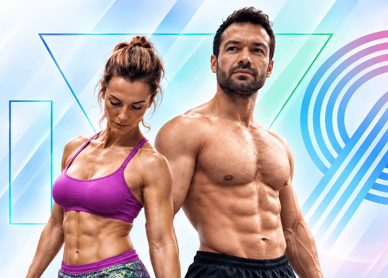 Pareja entrenando: él con mancuerna y ella con ligas