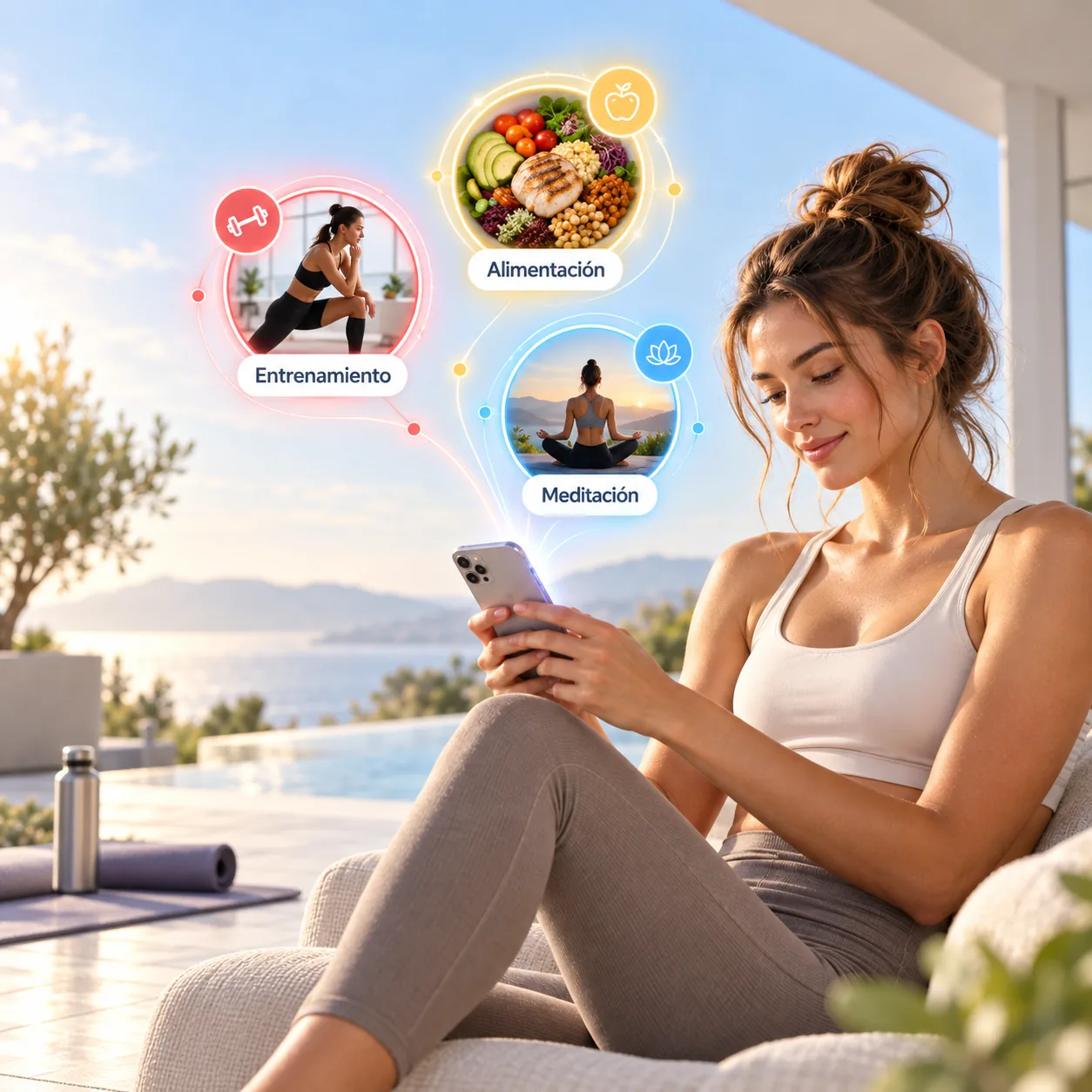 Mujer en terraza con tapete, agua y círculos de Entrenamiento, Alimentación y Meditación